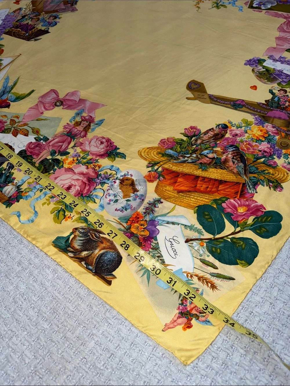 Rare Authentic Gucci Silk Floral Scarf  Whimsical Yellow Animals Hearts Ribbon
